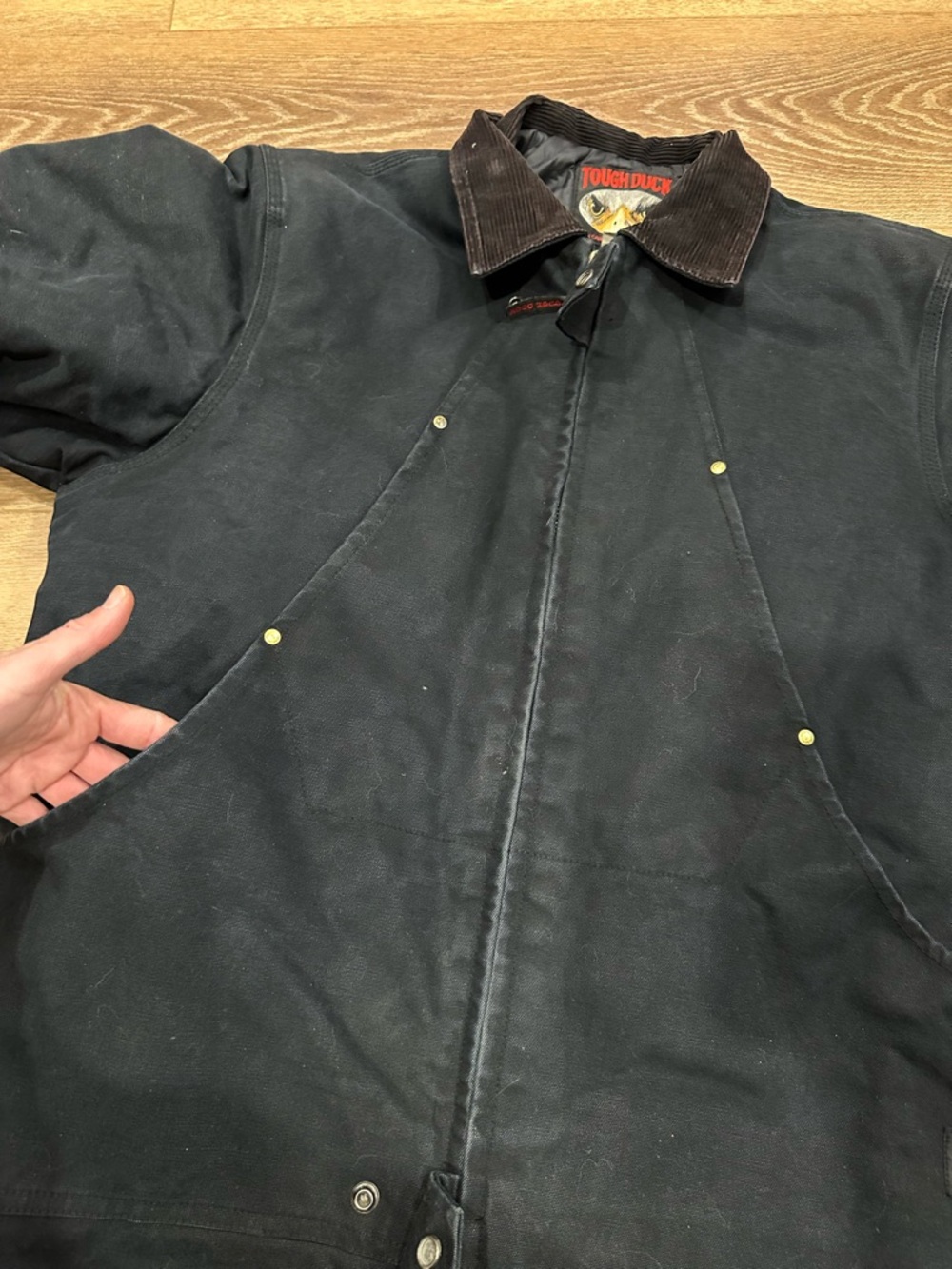 Vintage Tough Duck Men's Black Field Jacket with Brown Corduroy Collar - Picture 5 of 8